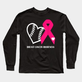 Vintage Cancer Baseball Heart Pink Ribbon Breast Cancer Awareness Long Sleeve T-Shirt